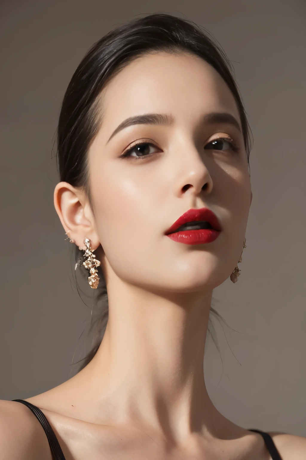 arafed woman with red lipstick and earrings posing for a picture, high quality portraits, sexy lips :5 fashion, Beauty touch up, detailed face with red lips, editorial portrait, Evening Makeup, by Emma Andijewska, deep red lips, red lips, red lipstick on face, glossy lips, with black glossy lips, Sultry look, Polished look