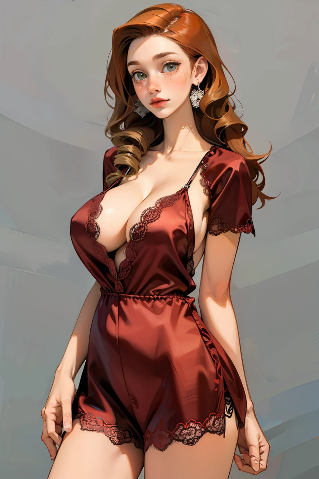 masterpiece, best quality, 1girl, r3dr0mp3r, red silk romper, lace trim, solo, standing, Fr3ckles, freckles, long hair, ginger hair, simple background, (huge breasts)