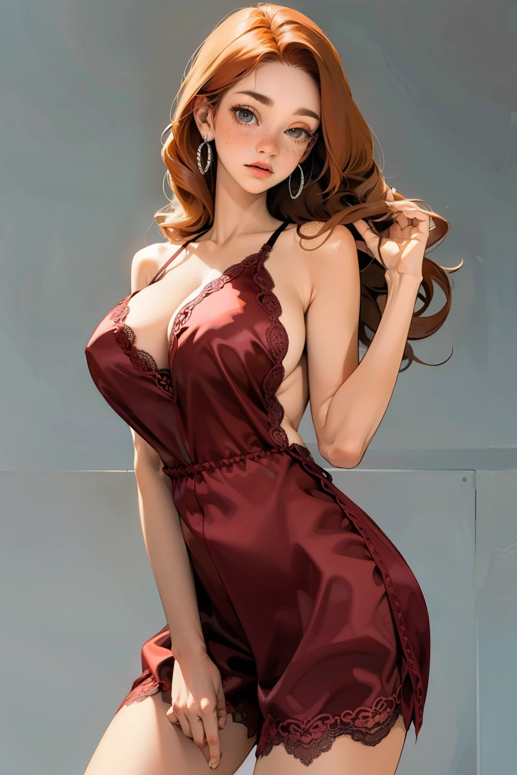 masterpiece, best quality, 1girl, r3dr0mp3r, red silk romper, lace trim, solo, standing, Fr3ckles, freckles, long hair, ginger hair, simple background, (huge breasts)