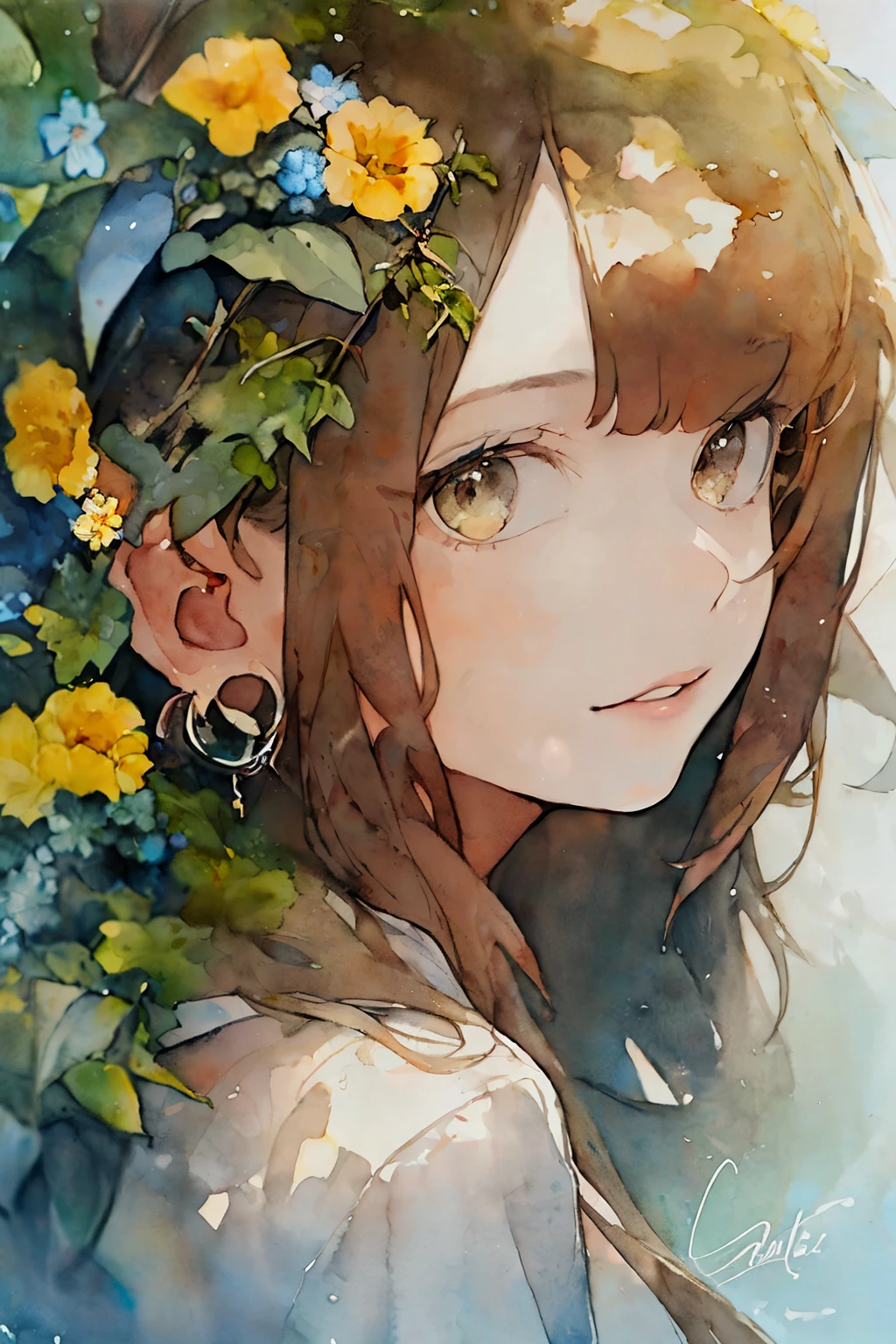 (aquarelle:1.2),1girl in, solo, florals, Sun flower、portraitures, fronds, bangss, signed, yellow flower, brown haired, length hair, verd s eyes, hair between eye, Flower earrings