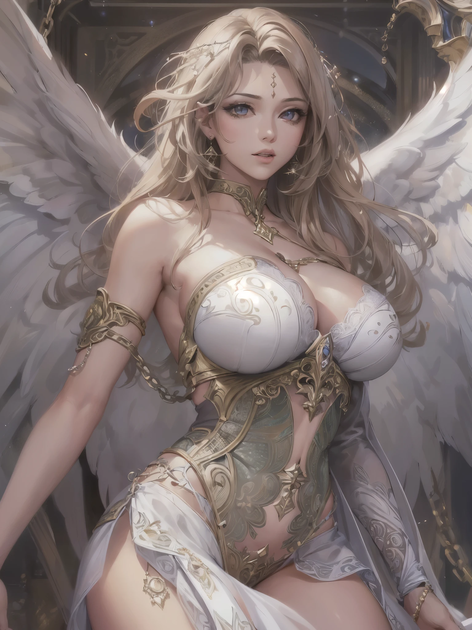 ((highest quality)),(ultra high resolution),(Super detailed),(detailed description),((best CG)),(best work of art),super precision art,amazing drawing art,(Fantasy art with intricate detail:1.5), (Female angels:1.4)(beautiful and well-shaped face:1.4),(big breasts:1.9),(Chains that bind the body:1.3),Calm,soft