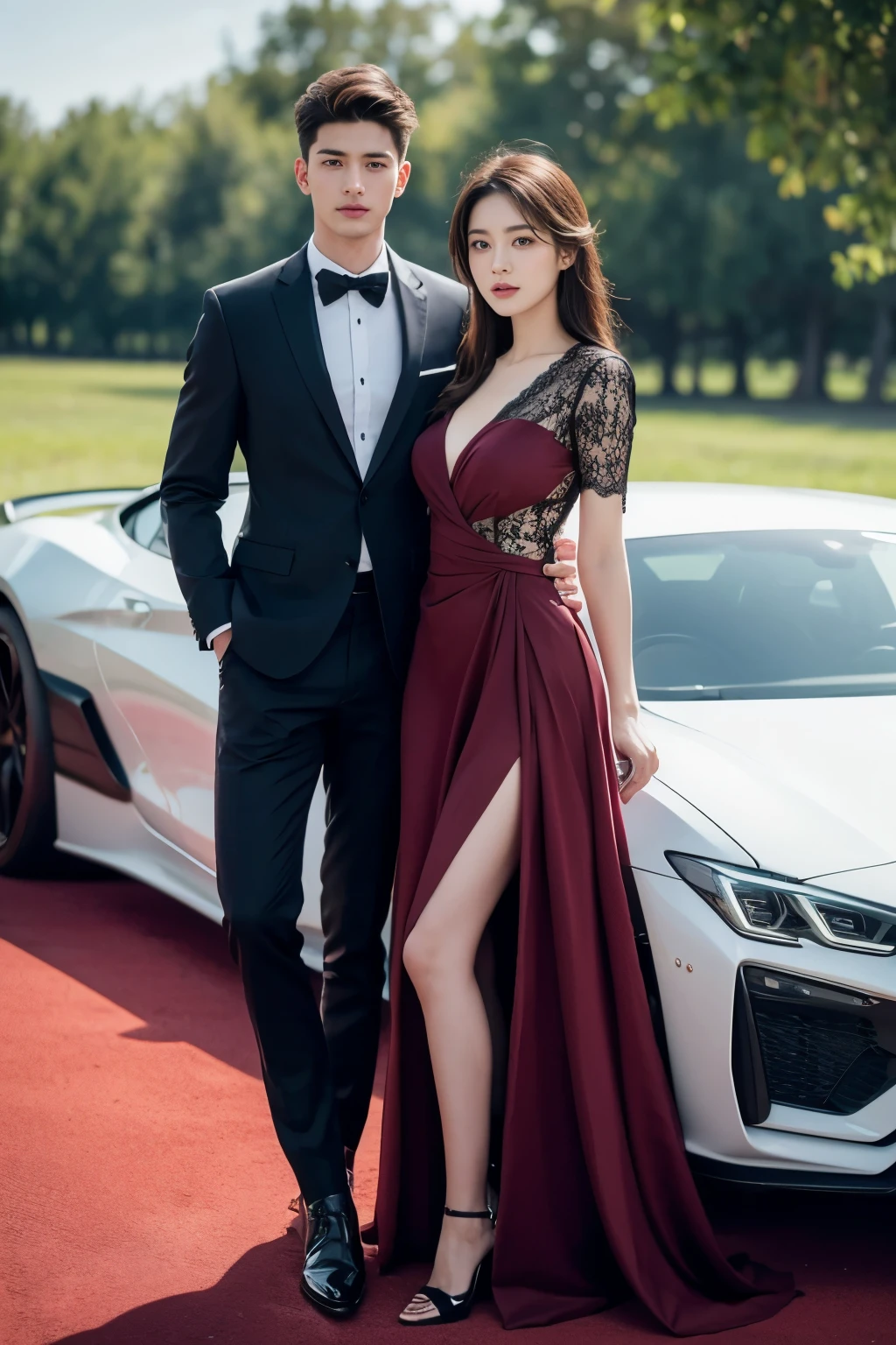 Realistic, Long shot, 4k, high detailed, high quality, Potrait of one man(24 years old) in a suit(in the middle) and 2 girls with luxury dress, standing, perfectly proportioned, intimate, Lovers, close to each other, perfect anatomy, perfect background, perfect face, perfect body, detailed face, look at camera, in front of private jet, outdoor