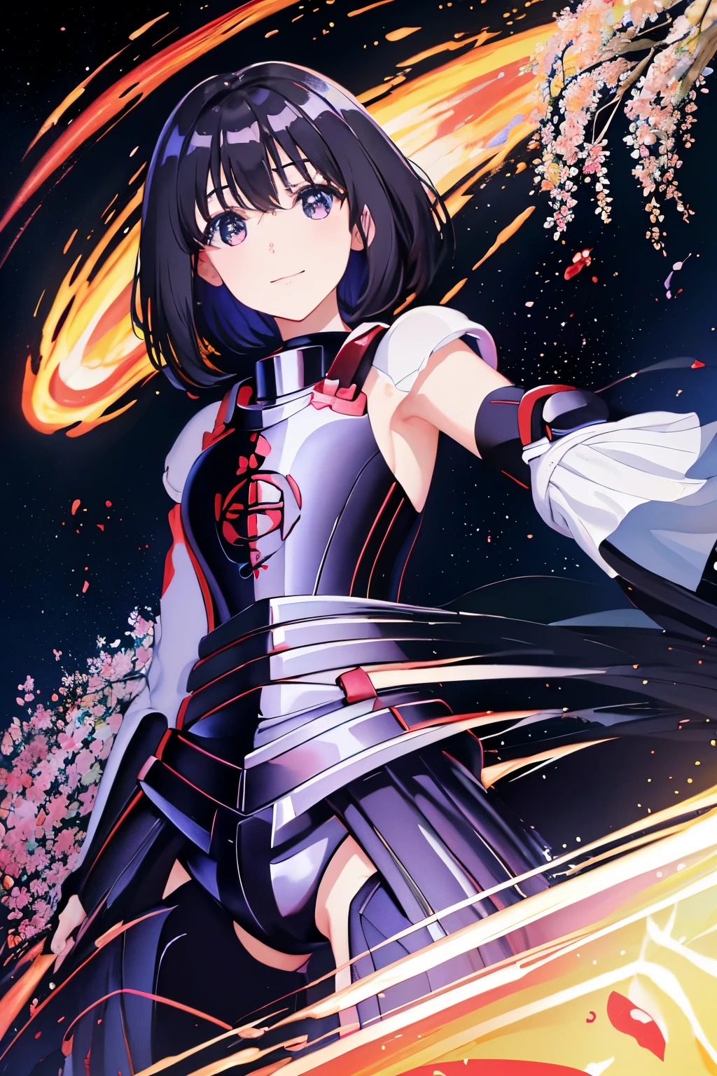 (((highest quality、masterpiece、normal body、8k、detailed face、ultra precision、normal hand、normal finger、5This finger、supreme)))I don't like being hurt so I want to max out my defense.、anime、Maple、black hair、、shortcut、Large Shield:A photo of a dark night、armor:黒薔薇のarmor、Short sword:new moon、smile、Black half leotard、Large Shieldを持つ