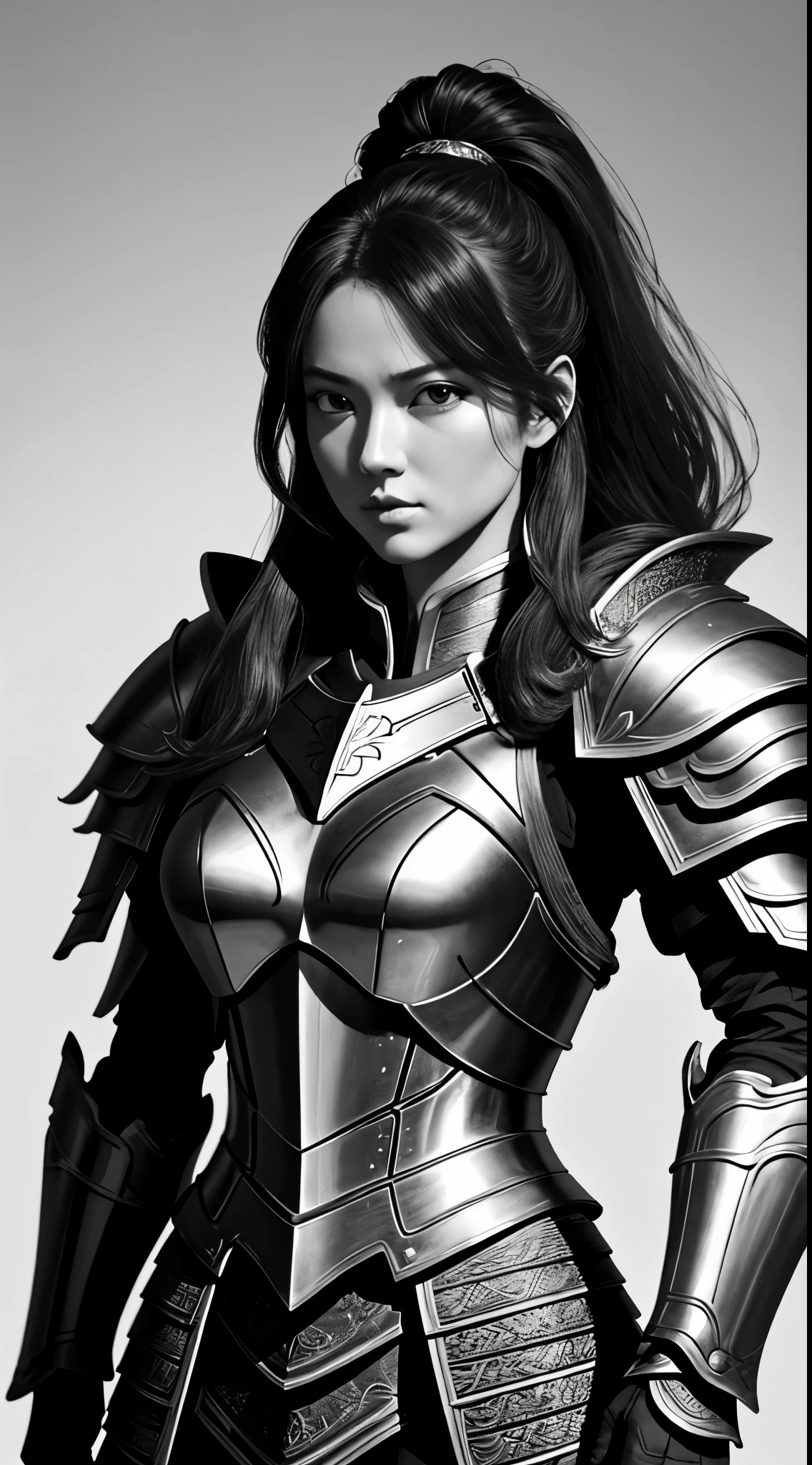 masterpiece, highest level, woman, female general, female warrior, artwork, portrait, Full armor, heroic gesture, Detailed armor, Detailed face, White background, monochrome, line art, draft, best quality, Super detailed, high-rise, lifelike, major, vivid colors, studio lighting, alone, Bust Close-up, White background, monochrome, line drawing, draft