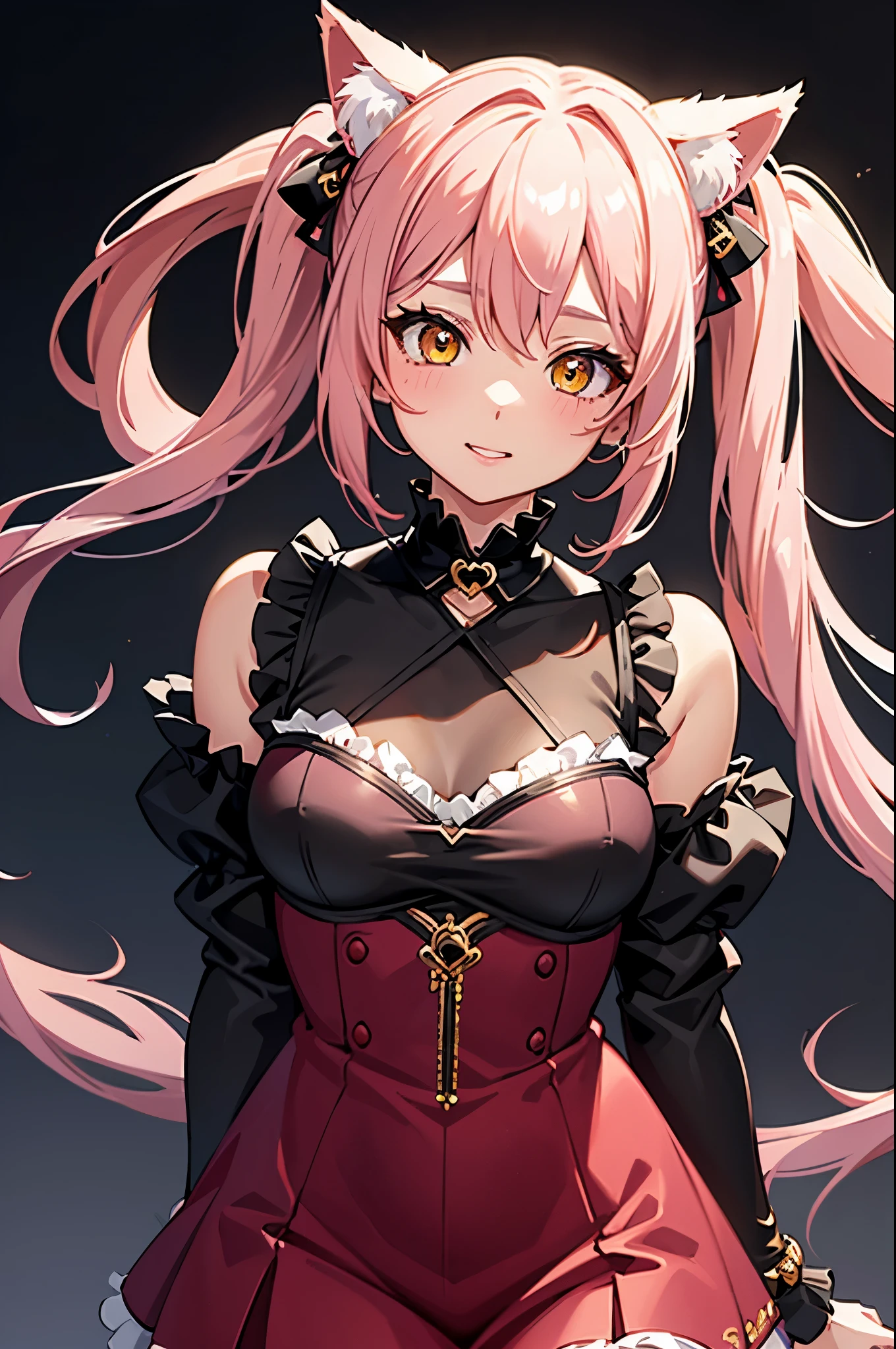 highest quality, highest quality, Super detailed, High resolution, expensive resolution, HDR, 4k, 8K, unity 8k wallpaper, expensively detailed CG, masterpiece, realistic, photorealistic, 2D, 3D, beautiful details, depth, fine texture , super fine: 1.3, Fully focused, Crispy.skin, .he, Very cute anime girl with pink twintail hair wearing expensive , one girl, smile、alone, pink twintail hair, animal ears, cat ears, mole under the eye, looking at the viewer , expensive , blush, mole, parted lips, hair ornaments, heart, yellow eyes, choker, Maid clothes, cute , Burikko , big breasts , background black