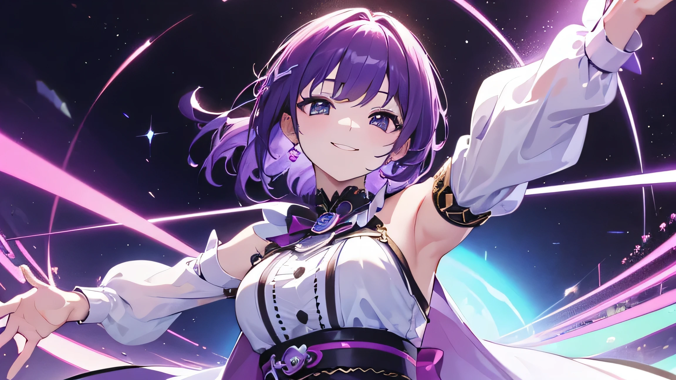 (T Masterpiece，4k wallpaper，best quality))、((girl１people))、(solo)、Shining and vivid，(purple hair)、(shortcut:1.3)、smile、Idol、Song