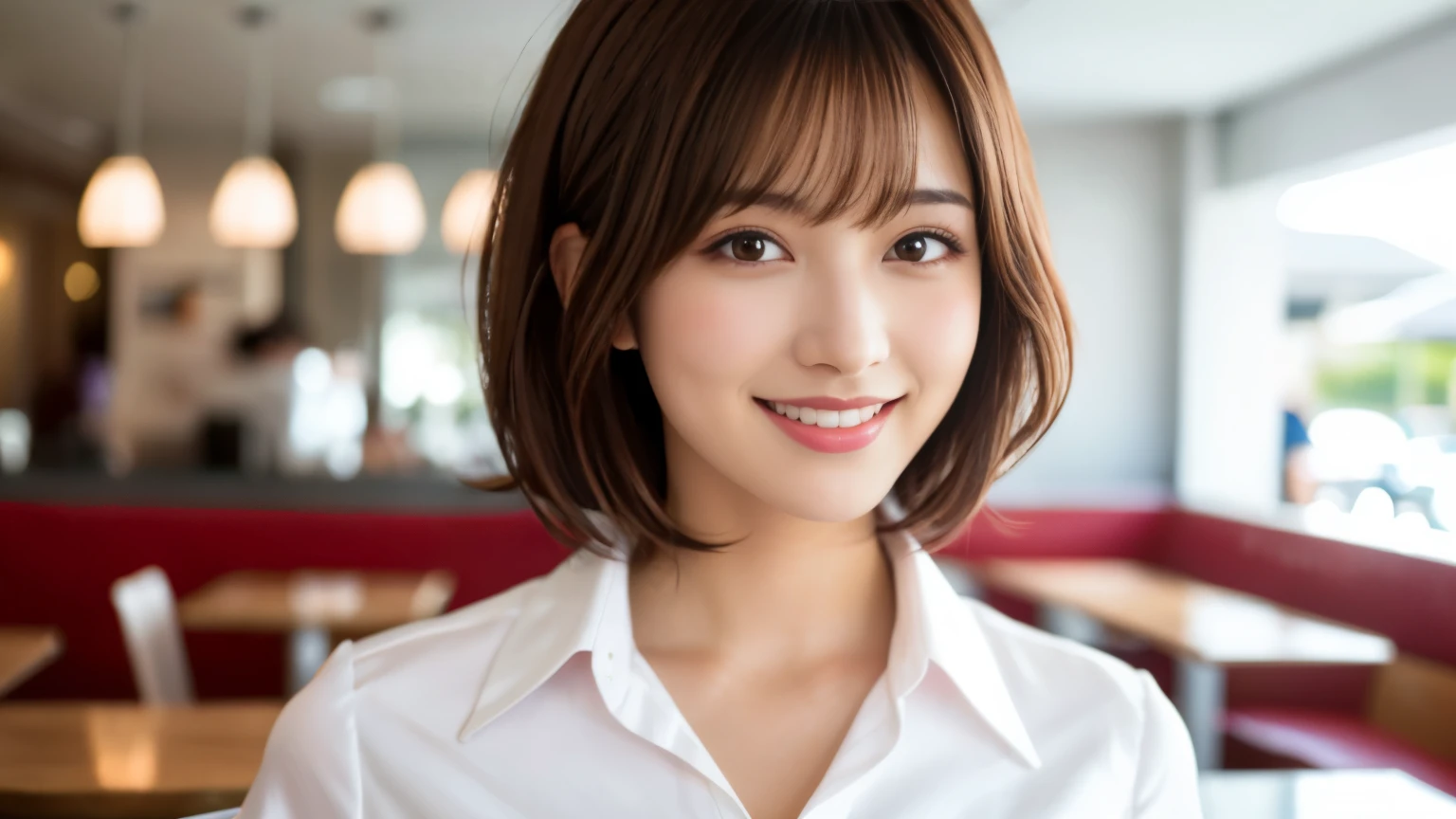 product quality, upper body shot, Front view, Inside a stylish cafe, 1 girl, young beautiful japanese woman, short bob hair, hyper pretty face, glamorous, I wear a satin silk white shirt with short sleeves and long sleeves with a collar, With a big smile in the cafe, glossy lips, double eyelids of both eyes, natural makeup, long eyelashes, shiny smooth light brown hair, asymmetrical bangs, sunburned skin, center image, High resolution, high detail, detailed hairstyle, detailed face, movie lighting, surreal, perfect body,