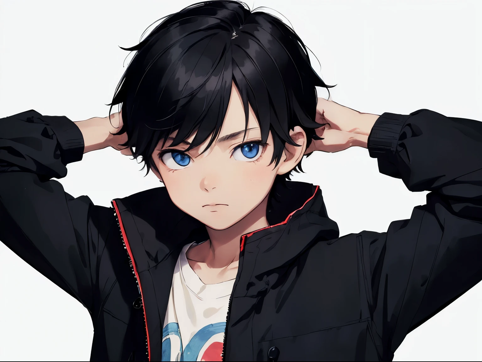 [(white background:1.5),::5], ((((masterpiece)))), high quality, ultra high resolution, full color, (((alone))), ((little boy)), black hair, ((black hair)), blue eyes, japanese cartoon movies, upper body, neon lights, black parka, upper body, 