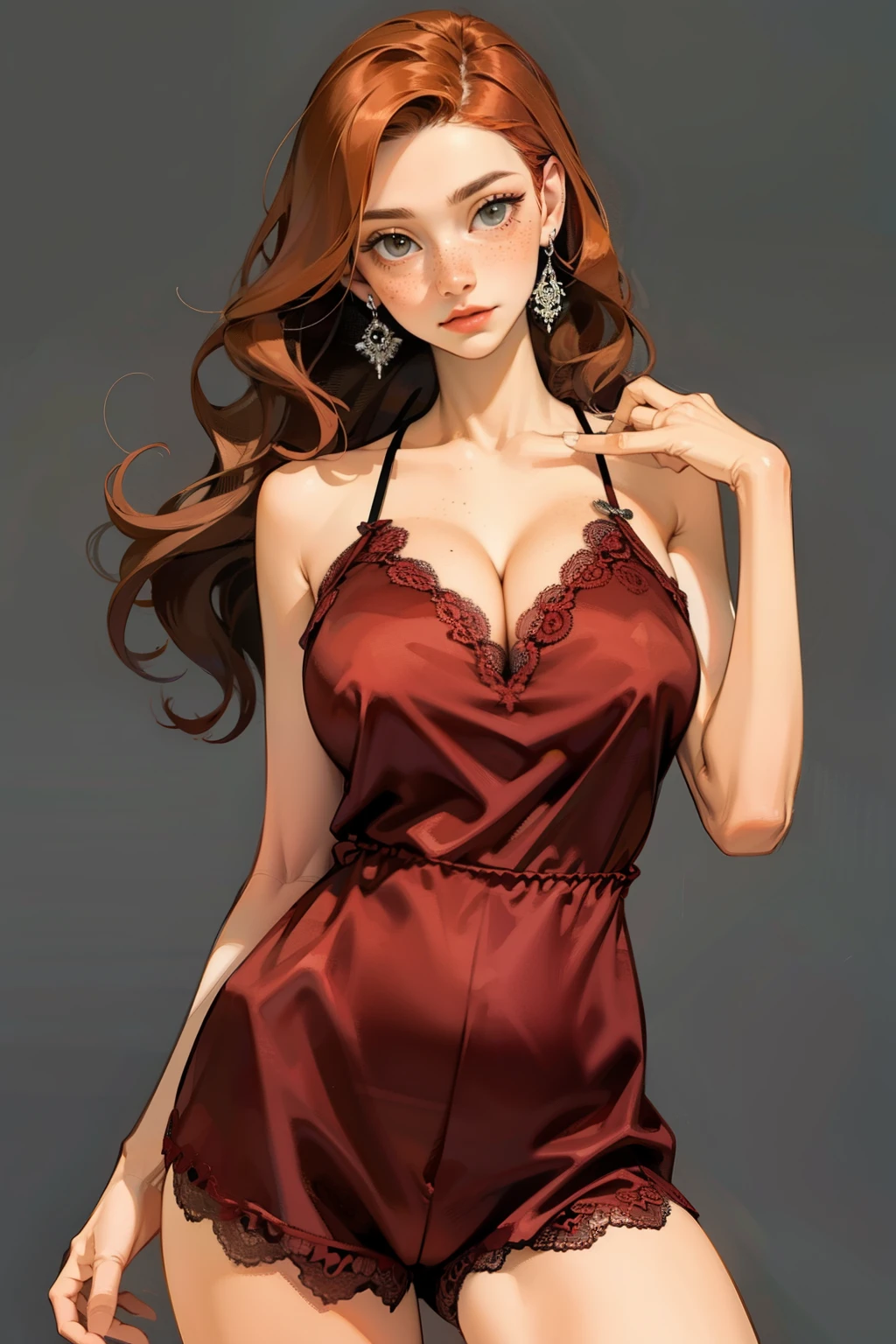 masterpiece, best quality, 1girl, r3dr0mp3r, red silk romper, lace trim, solo, standing, Fr3ckles, freckles, long hair, ginger hair, simple background, (huge breasts)