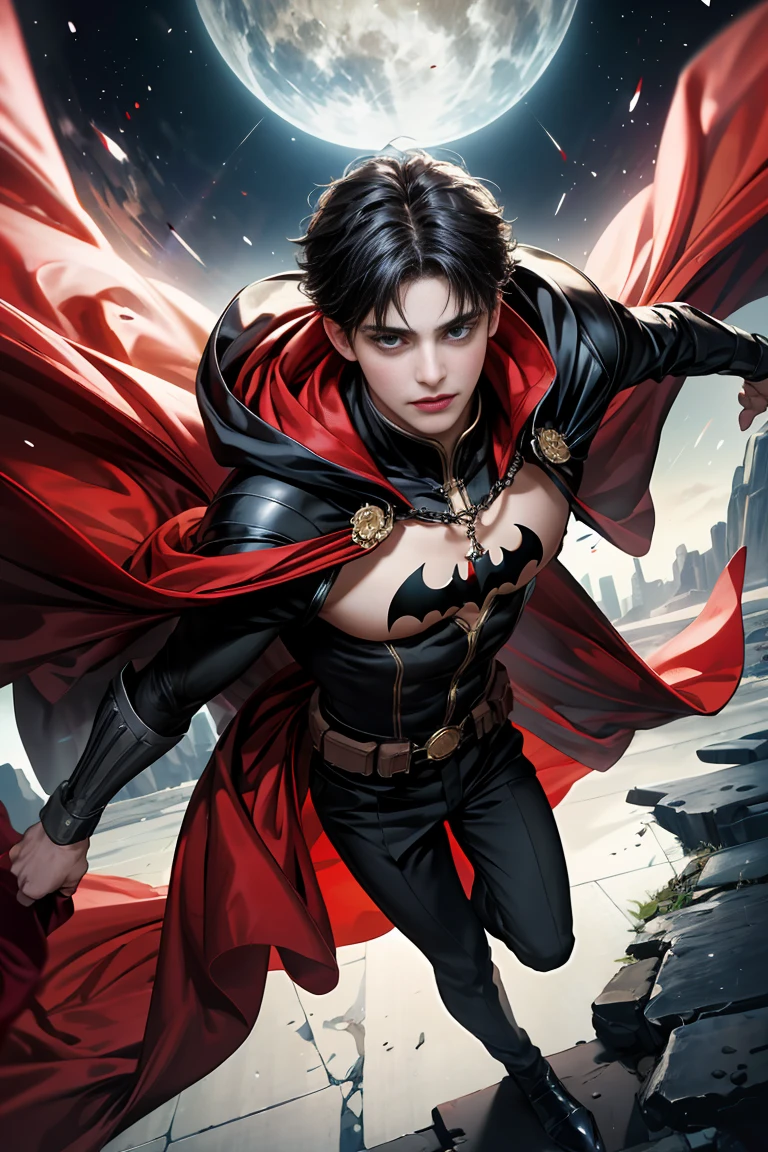 masterpiece, 最high quality, high quality, 1 boy, alone, male focus, looking at the viewer, whole body, Winning spirit_destiny, Messy black hair, blue adorable big eyes, white people, Noble, Noble, batman、A very big, very big, very big, very long, long red and black cape made with a lot of fabric that reaches all the way down to the floor, 17 years old,cute beautiful boy,cute cute handsome boy