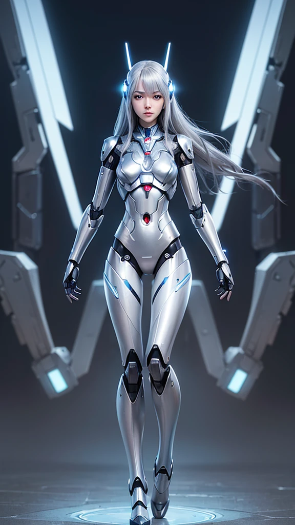 ((robot girl, mecha)), glowing eyes, delicate face, broken armor, mechanical aura, mechanical arm, gray hair, long hair, ceramic body, thigh gap, small breast, cyber background, very fine city, (translucent, reflective skin), 8k, best quality, ultra-detailed, (surrealism: 1.4),  