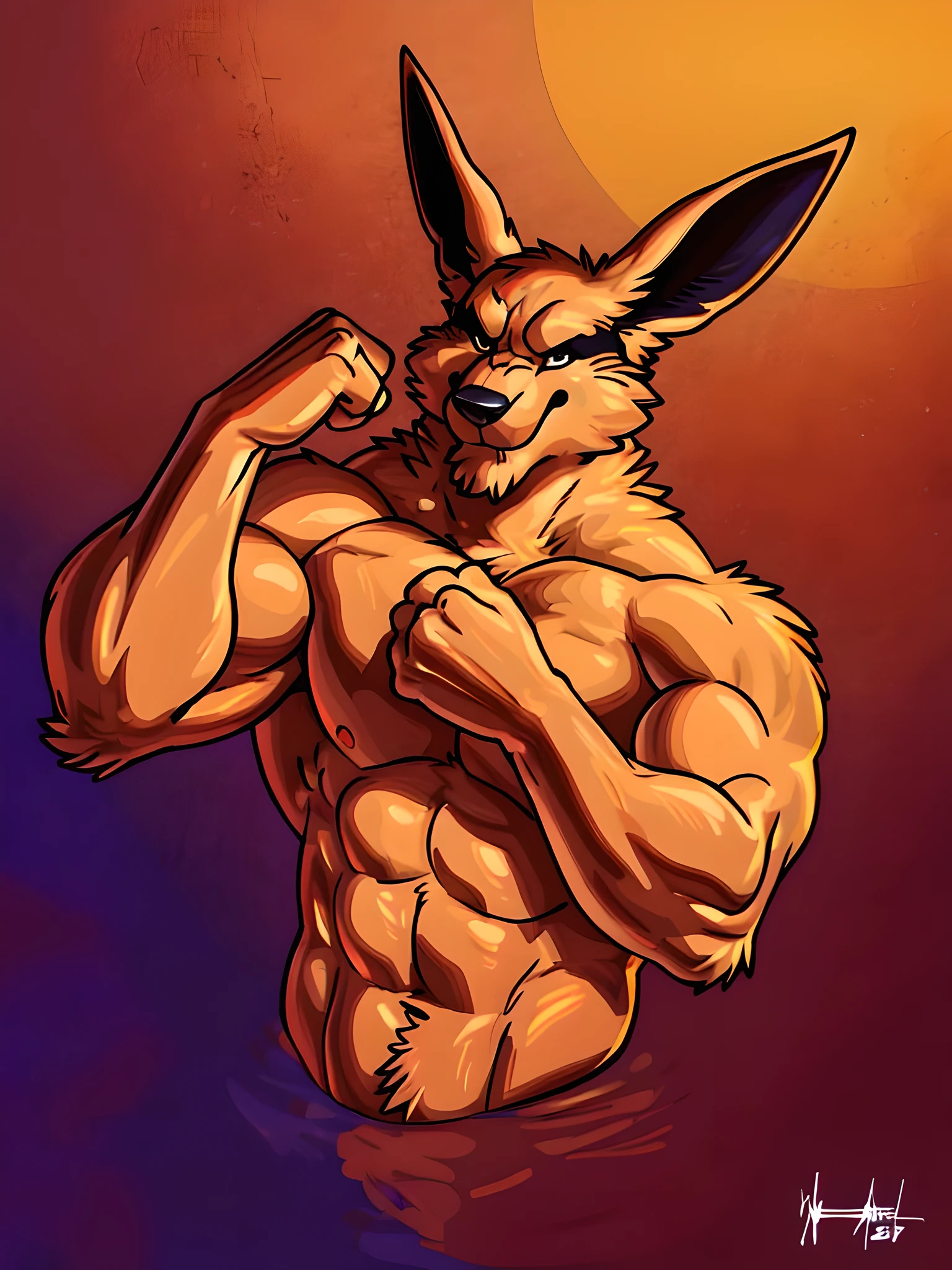 kurama, 4k, high resolution, best quality, detailed, posted on e621, solo, anthro body, older male, masculine, male, very masculine, (very muscular, heavyweight:1.2), (plain background:1.1), (correct anatomy):1, (detailed eyes:1.1), sexy, (cel shaded:1.2), cartoony shading, (strong shadows, dramatic lighting:1.2), confident, (by wfa, by takemoto arashi, by meesh, by Taran Fiddler), strong, (half body, upper body:1.1), nine tails, large tails, flexing muscles