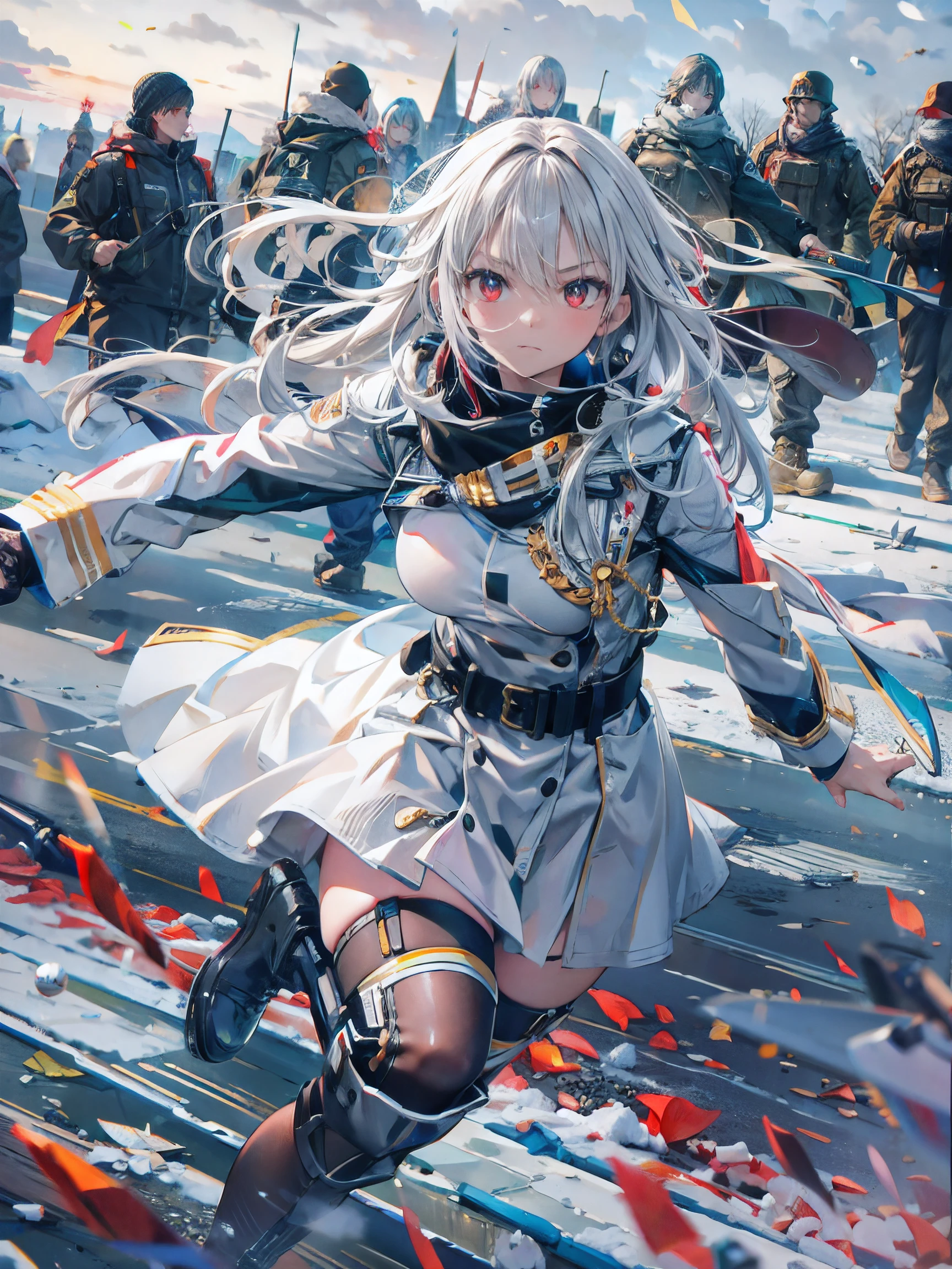 A girl with a white marching band uniform with gold details, silver hair, red bangs, blue eyes, perfect arms, perfect legs, perfect fingers, holding a trumpet, marching band hat, with several people in the marching band background. on a big city road.
