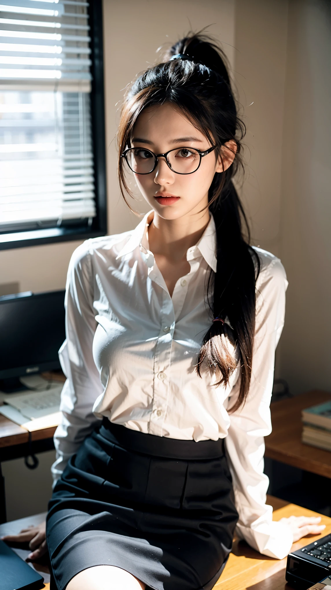 ((best quality)), ((masterpiece)), (detailed), perfect face, beautiful body, pretty face, teenager female, perfect body, Ultra-high detail, Photorealism, Intimate atmosphere, flowing light, black straight hair, ponytail, glasses, wear a office uniform, White shirt, black skirt, unbuttoned shirt, sit onte table, office room