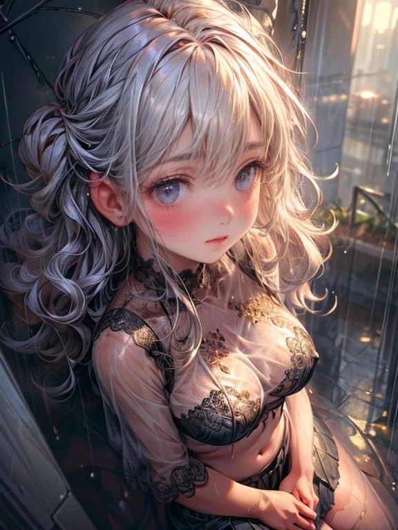 full body:1.2, outdoor, masterpiece:1.2, highest quality:1.2, 8k, CG, photorealistic:1.37, delicate detailed:1.8 (eyes, pupils, lips, face, hair, hand, skin), rainy (heavy rain), a  girl taking shelter from the rain under the eaves, ((a soaking wet white shirt, see-through bra)), wet hair, wet face, ((looking upward):1.2), beautiful detailed eyes,beautiful detailed lips,extremely detailed eyes and face,long eyelashes,thighhigh, mini skirt, vivid colors,soft and dreamy color tones,studio lighting,raindrops on the window,puddles on the ground,tranquil atmosphere,dark and moody background,peaceful expression,curly hair,water droplets on her face,reflection of lights in the rain,urban setting,gentle breeze,rain-washed streets,moisture in the air