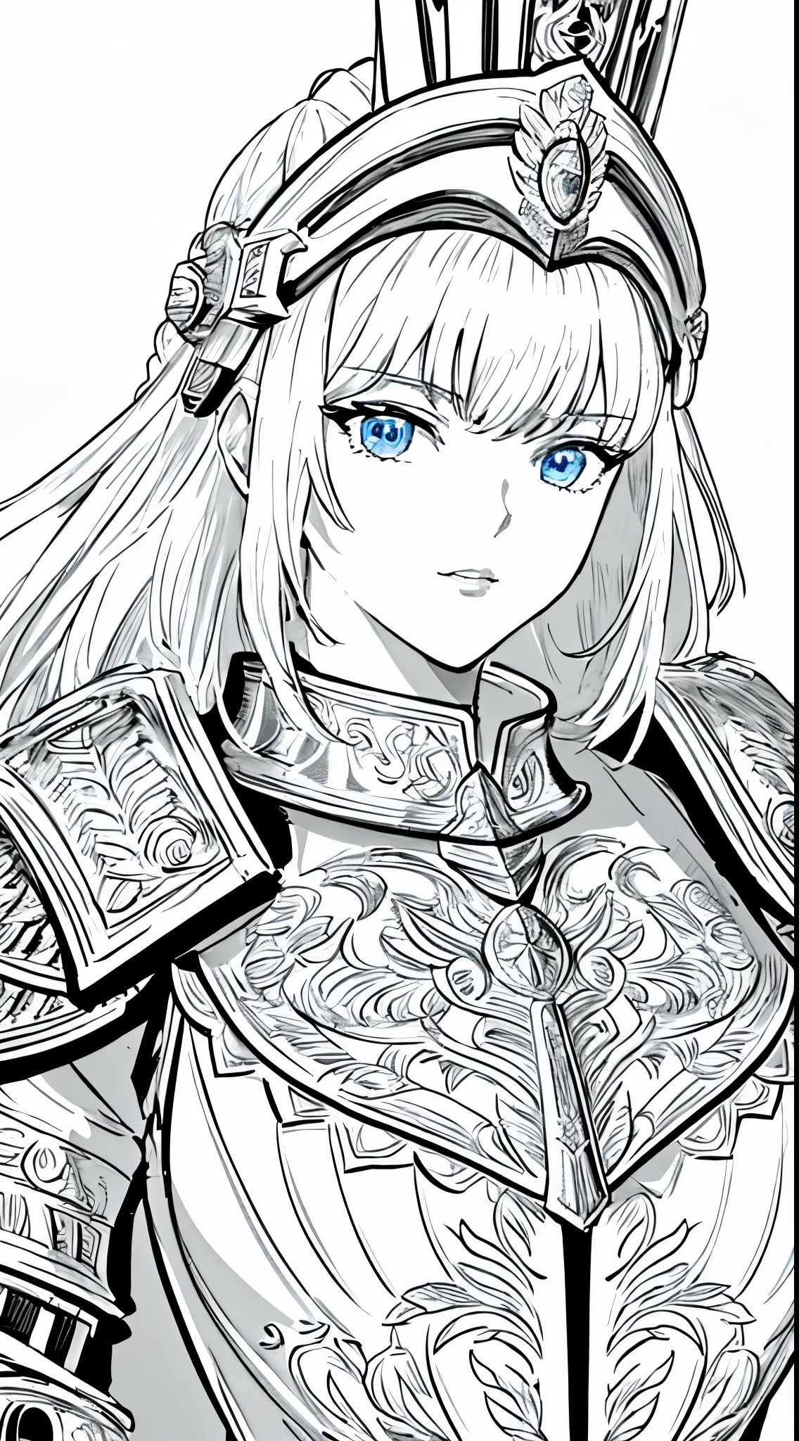 masterpiece, highest level, woman, female general, female warrior, artwork, portrait, Full armor, heroic gesture, Detailed armor, Detailed face, White background, monochrome, line art, draft, best quality, Super detailed, high-rise, lifelike, major, vivid colors, studio lighting, alone, Bust Close-up, White background, monochrome, line drawing, draft