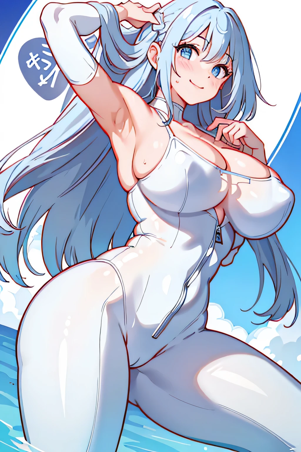 (highest quality:1.4)、High resolution、detailed background、(detailed beautiful face:1.4)、anatomically correct、detailed facial expressions、beautiful and smooth skin、beautiful age girl、(huge breasts:1.4)、cute hair color、braided long、realistic、perfect body line、attractive ass、
White thin rubber suit、Zipper fully open and chest flapping、No sleeve、emphasize cleavage、emphasize the nipples、cowboy shot、
A low-angle close-up that emphasizes the lower body、Super close-up shot from directly below、Sexy high leg、Super-detailed rubber suit、show your armpits、Clothes get wet and become transparent、My clothes are wet and transparent、camel toe、Looking at me with a big smile、cute