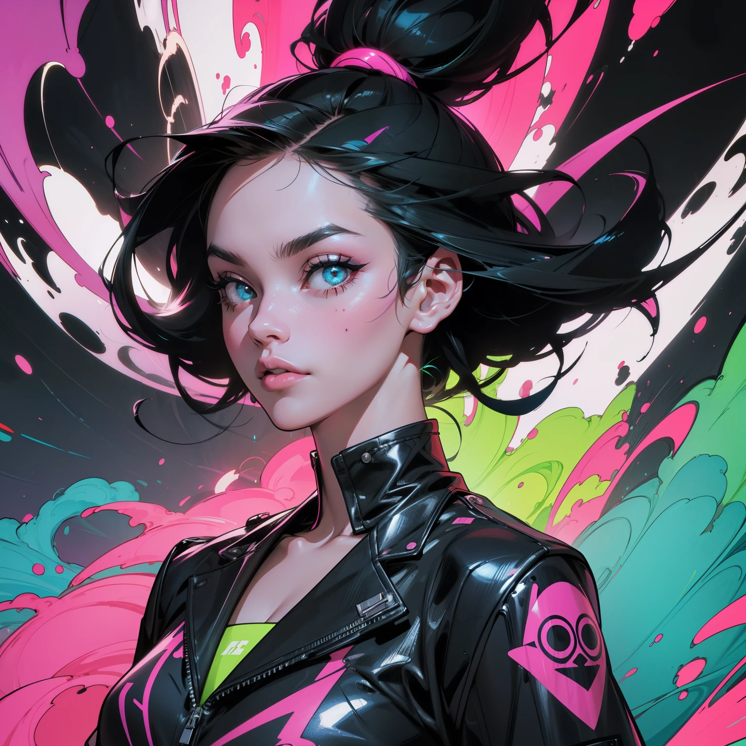 bold neon colors, cartoon style illustration of a woman as she sees the world while experiencing hallucinations, stoned, splash art, splashed neon colors, (iridiscent glowy smoke) ((motion effects)), best quality, wallpaper art, UHD, centered image, MSchiffer art, ((flat colors)), (cel-shading style) very bold neon colors, ((high saturation)) ink lines, psychedelic environment

