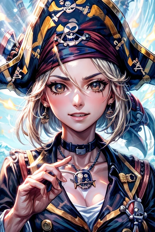 ((worst quality, low quality)), ((Pirate girl)), solo, big breasts, (Close-up:1.3), (face focus:1.4), ((☠Wearing a pirate captain hat with a ️ on it)), ((Victorious and powerful eyes,brown eyes):1.2), fearless smile, best smile, (perfect hands:1.5), (Pirate clothing:1.2), pirate, dynamic pose, (light particles, shine of light:1.4), (( ☠️の描かれたpirate旗🏴☠️の背景:1.5)), muste piece, best quality, Super detailed,
