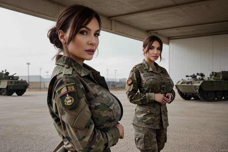 Carla, 40 ans, bimbo, mature, influenceuse, cheveux bruns, realistic body, realistic hair, peau naturelle, realistic skin, realistic eyes, Realistic clothing, extremely detailed, in a military base dressed as a soldier, realistic location, 8K, hd