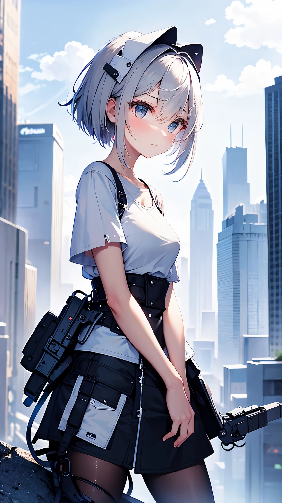 Highest image quality、delicate depiction、beautiful 、（（silver hair、short bob、Torn white t-shirt、1 girl、150 cm、small breasts））、（3. Big Man、big penis、集団sexual intercourse、rape、sexual intercourse、blowjob）、Ruined City