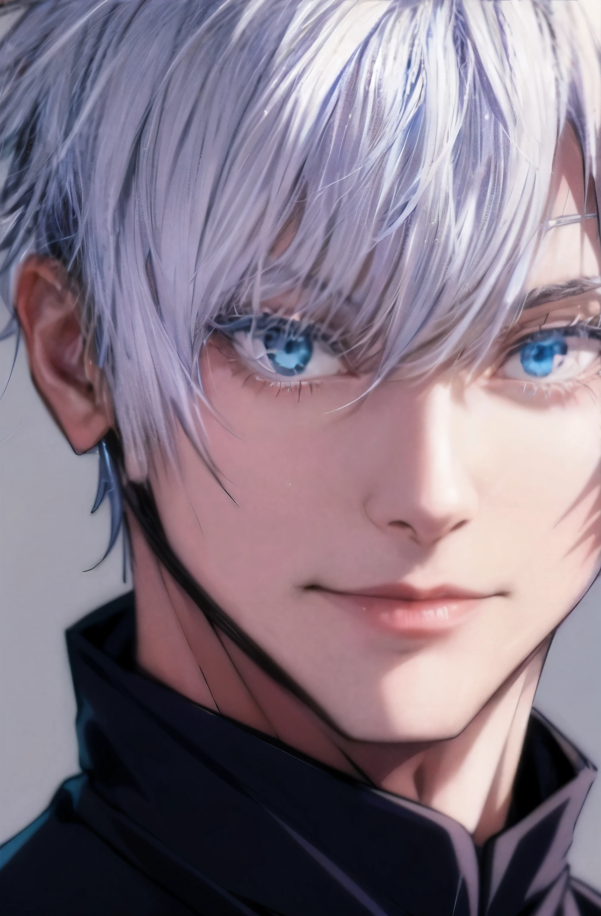 (Masterpiece, Top Quality: 1.2), (((satoru gojo, white hair, blue eyes, white eyelashes, white skin))), 1boy, bangs, close-up, closed mouth, eyebrows visible through hair, grey background, hair between eyes, high collar, looking at viewer, male focus, short hair, simple background, smile, solo,