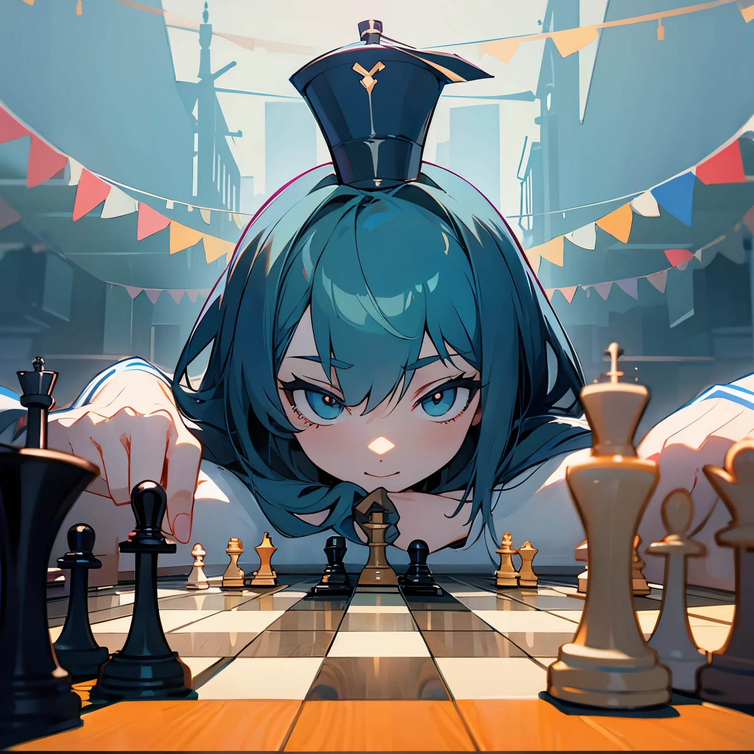 Create a poster for inviting student to play a chess. Add a carton character