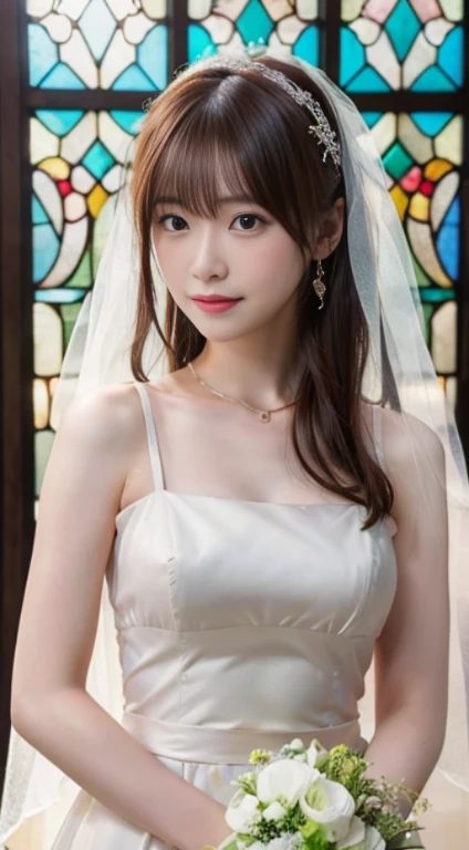 (highest quality,masterpiece:1.3,ultra high resolution,),(Super detailed,caustics),(Photoreal:1.4,RAW shooting,)ultra-realistic capture,very detailed,High resolution 16K human skin close-up。 natural skin texture、,The pores are、、、Must be detailed enough to be easily identified。 Skin should look even-toned and healthy。 Use natural light and color,1 girl,Japanese,cute,22 years ago,cry or laugh,Natural brown hair,half up,medium sized breasts,wedding veil,pure white wedding dress,holding a bouquet,stand upright,look at the camera,chapel,(Stained glass),Overflowing with light,(Front view),Front view,cowboy shot,natural soft light、((