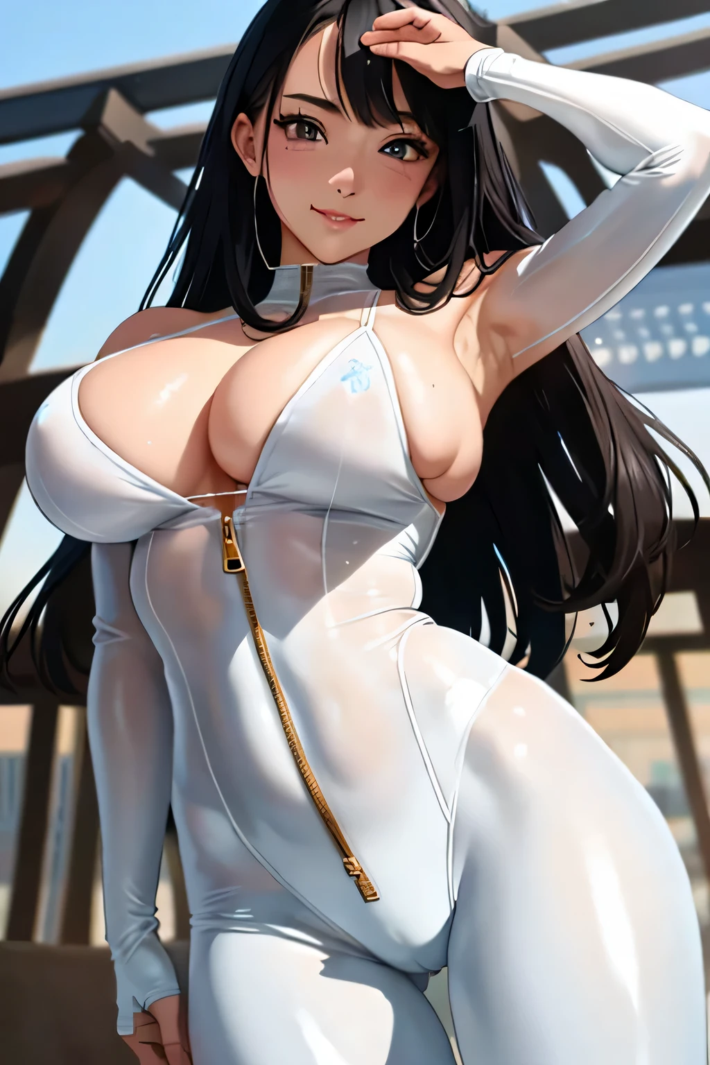 (highest quality:1.4)、High resolution、detailed background、(detailed beautiful face:1.4)、anatomically correct、detailed facial expressions、beautiful and smooth skin、beautiful  girl、(huge breasts:1.4)、cute hair color、braided long、realistic、perfect body line、attractive ass、
White thin rubber suit、Zipper fully open and chest flapping、No sleeve、emphasize cleavage、emphasize the nipples、cowboy shot、
A low-angle close-up that emphasizes the lower body、Super close-up shot from directly below、Sexy high leg、Super-detailed rubber suit、show your armpits、Clothes get wet and become transparent、My clothes are wet and transparent、camel toe、Looking at me with a big smile、cute