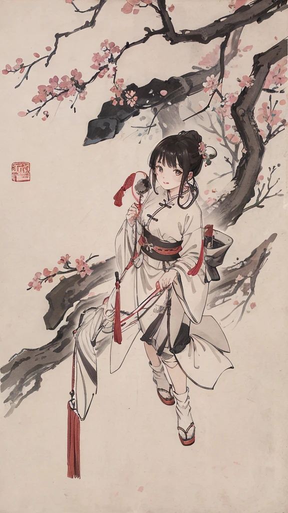 (masterpiece, highest quality: 1.2), traditional chinese ink painting, Cherry Blossom, it&#39;s snowing, red wall