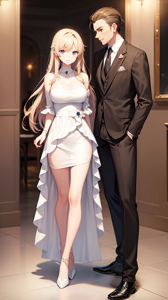 full body teenage woman, long blonde hair with wine red tips, Red eyes con un delineado negro, Red lips, with an elegant dress and next to her a man with spiky ash-blond hair, Red eyes, muscular and in a black suit