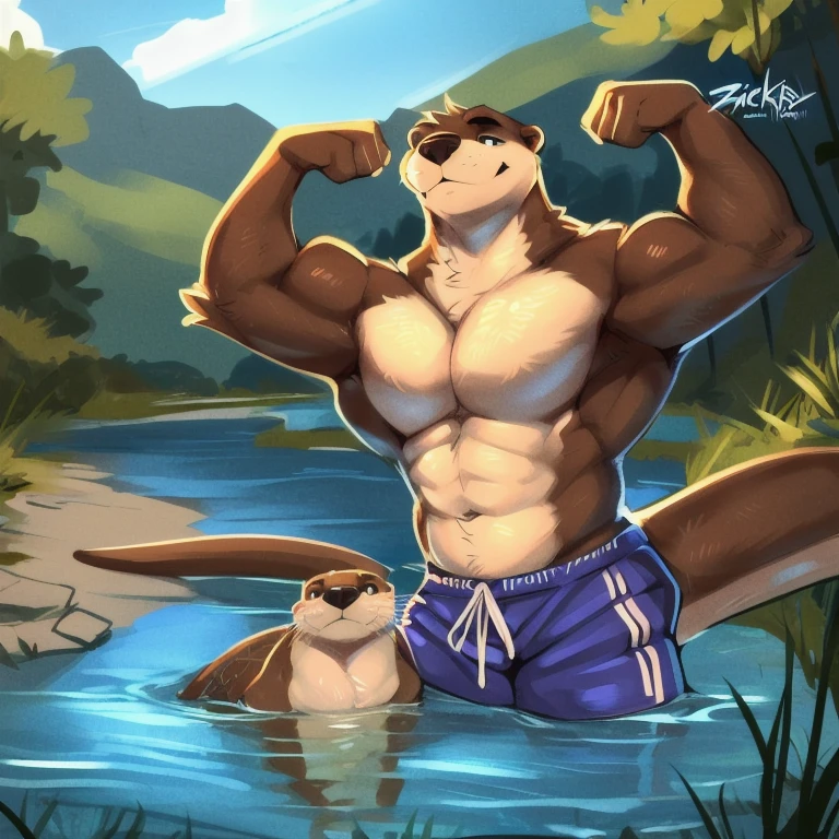 (masterpiece, best quality, detailed, 4k), (((river otter))), ((feral)), swimming trunks, river, ((mature)), daddy, by zackary911, male, hunky, stud, manly, long, thick neck, thick otter tail, fluffy, hairy, bushy, muscular, meaty muscles, swimming, flexing pecs, seductive pose, musky