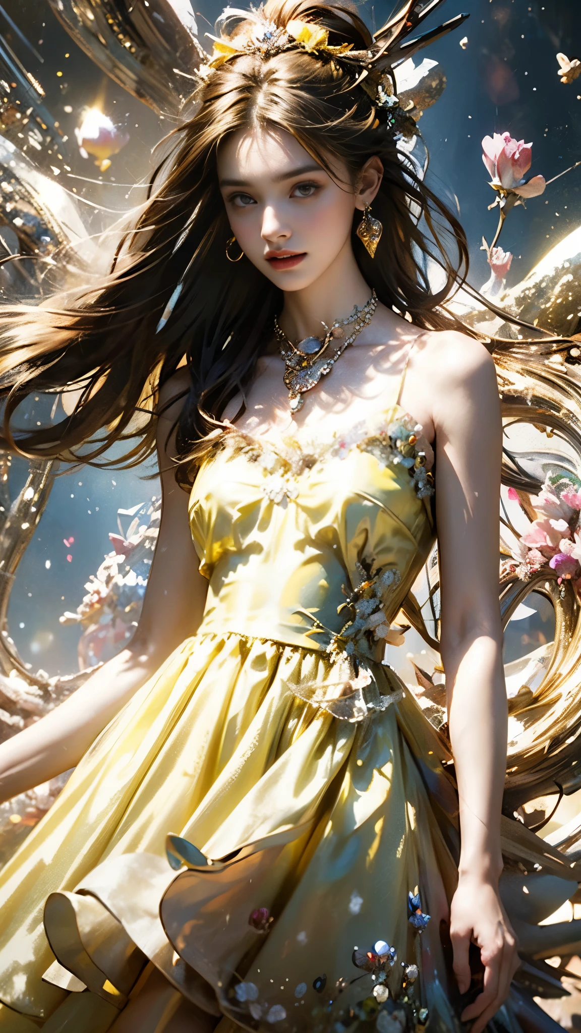 8K, ultra hd, masterpiece, 1 girl, (good face:1.4), detailed eyes, very long hair, impressive hairstyle, earings, necklace, small breasts, (yellow dress:1.5), see-through, (fantasy dress:1.5) Light-colored foundation brings out the transparency of the skin, (in the wonderland:1.5), mystery, diwali lights, glowing lights, very decoration, The lights falls like water, perfect front body,