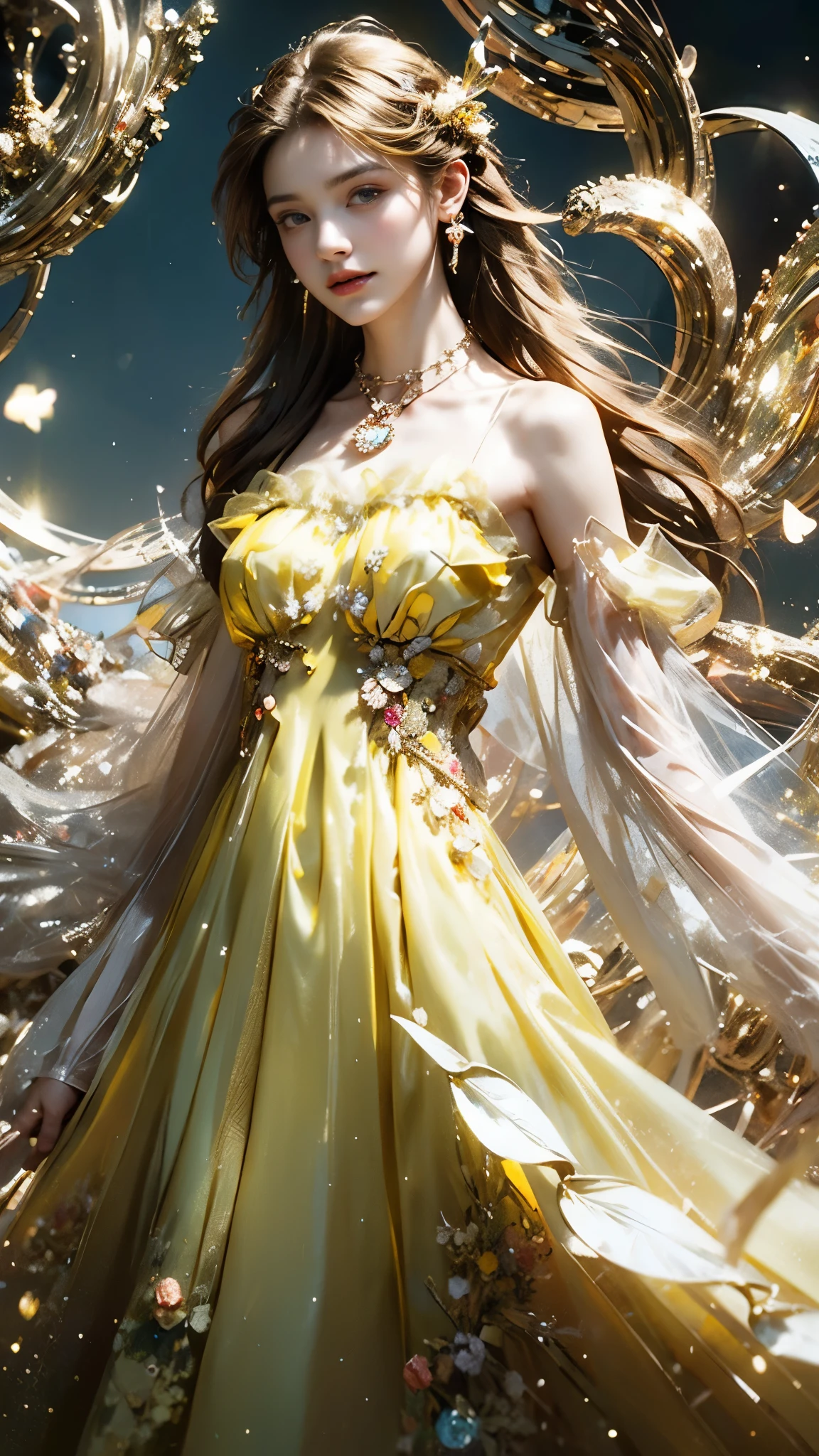 8K, ultra hd, masterpiece, 1 girl, (good face:1.4), detailed eyes, very long hair, impressive hairstyle, earings, necklace, small breasts, (yellow dress:1.5), see-through, (fantasy dress:1.5) Light-colored foundation brings out the transparency of the skin, (in the wonderland:1.5), mystery, diwali lights, glowing lights, very decoration, The lights falls like water, perfect front body,