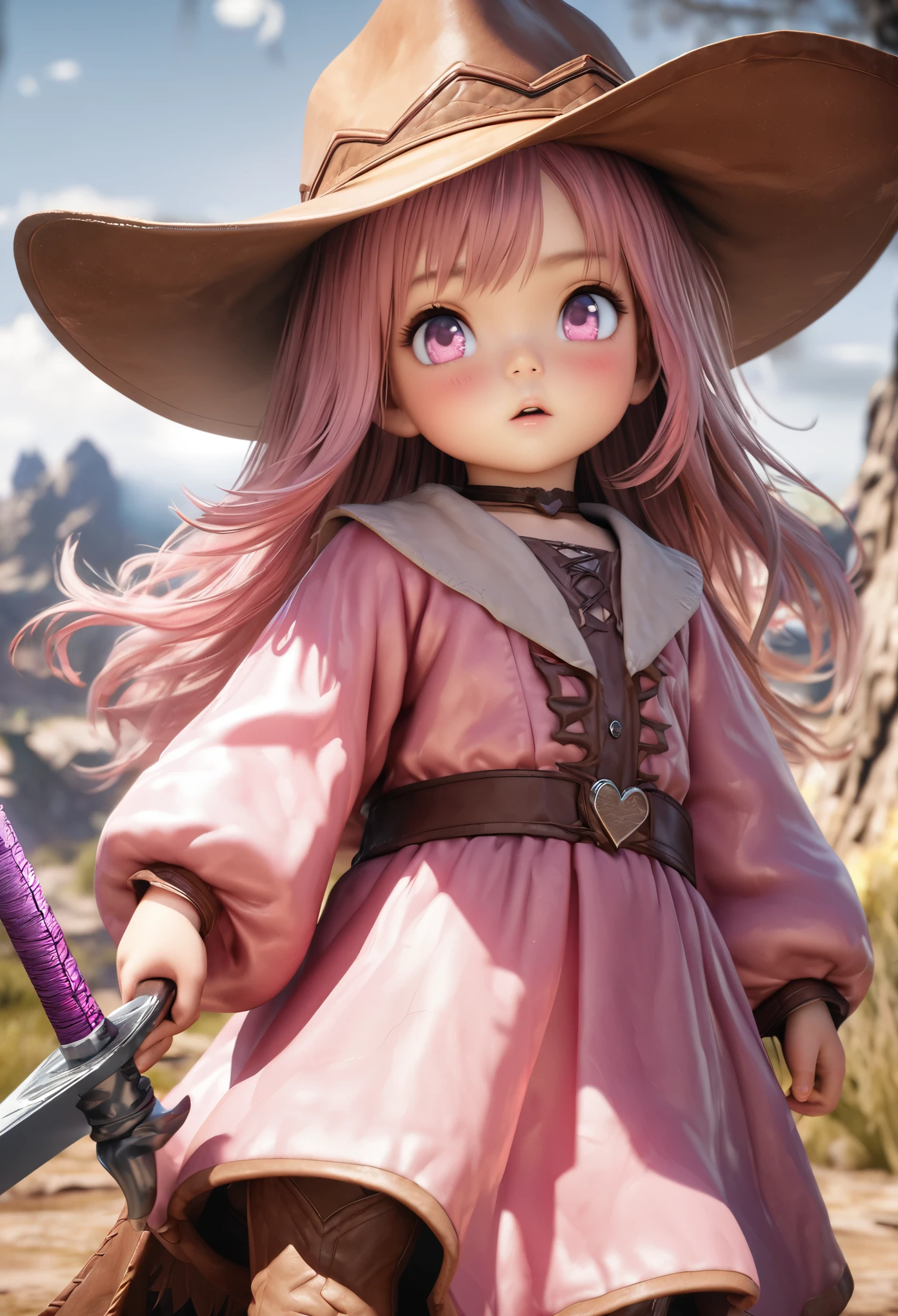 Masterpiece, Best Quality, Super Detailed, High Definition, Expensive Resolution, HDR, 4k, 8K, Unity 8k Wallpaper, Super Detailed CG, Masterpiece, Realistic, 2D, 3D, Beautiful Details, Depth, Fine Texture, Super Fine: 1.3, Complete concentration, crispy skin, him, very cute anime girl, about 3 years old, wearing cowboy style costume, large cowboy hat, baggy cowboy hat, cowboy boots technique Wilderness, duel, long sword, expensive pink One girl, about 3 years old, single, pink semi-long hair, cowboy style, cowboy hat, toy long sword, duel, cowboy boots under the eyes, gaze, expensive, blush, mole, parted lips, Hair ornament, heart, pink eyes, choker