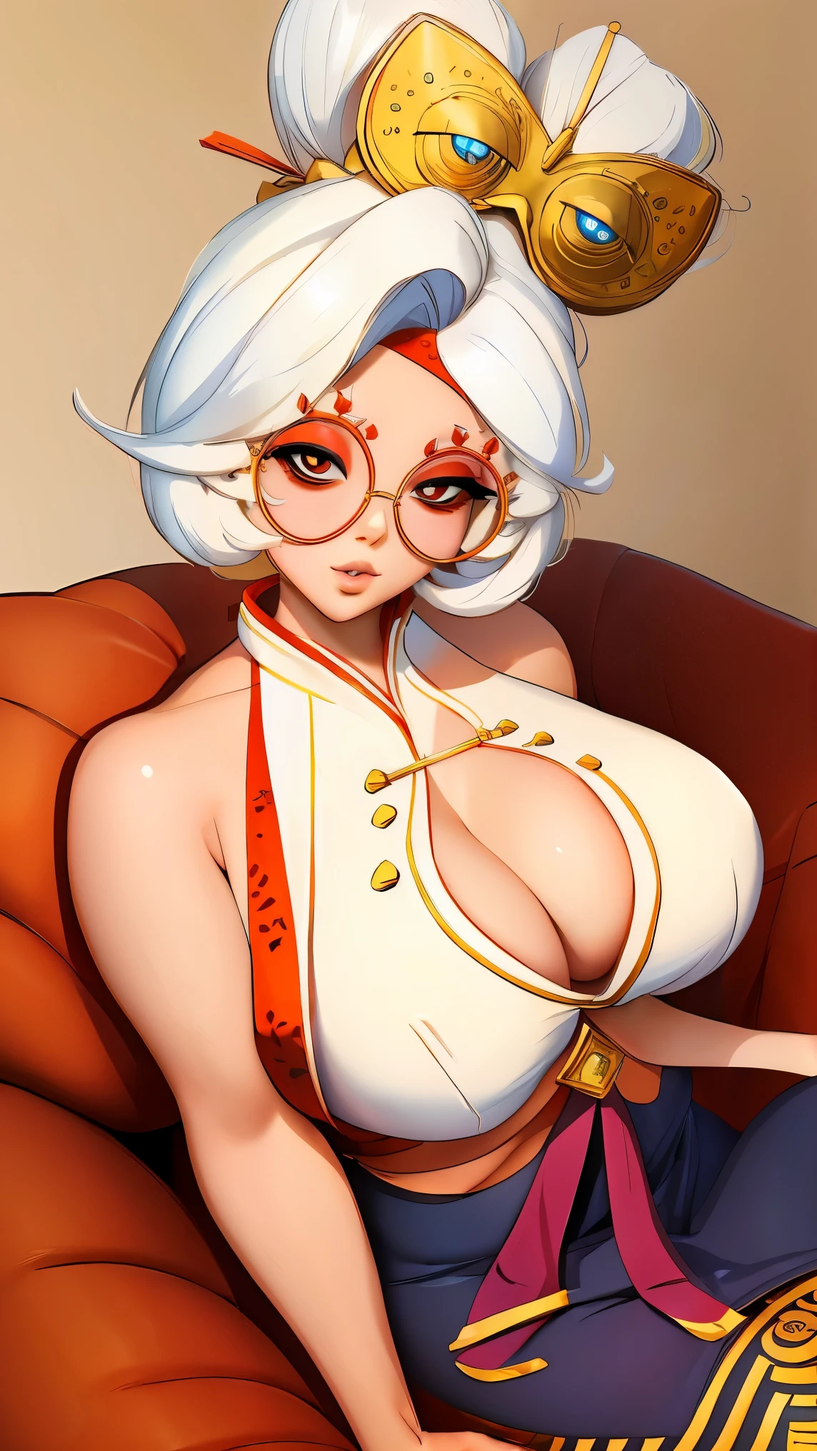 ((masterpiece)), ((best quality)), (detailed), perfect, solo, purah, gorgeous woman with cleavage, luscious lips, white hair, sexy, lying down,