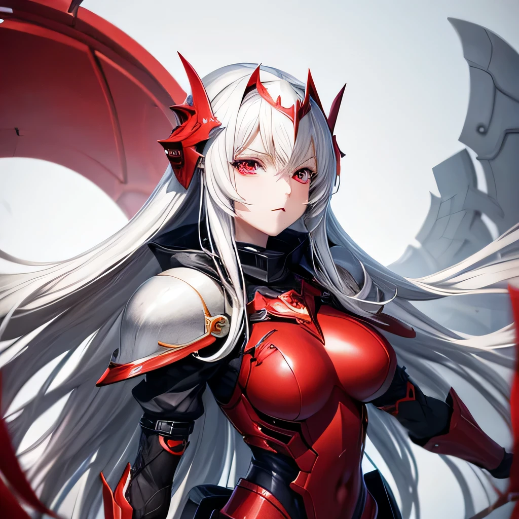 A woman with long white hair, white skin, and red eyes is wearing a massive, mecha-style red armor and a large red helmet.