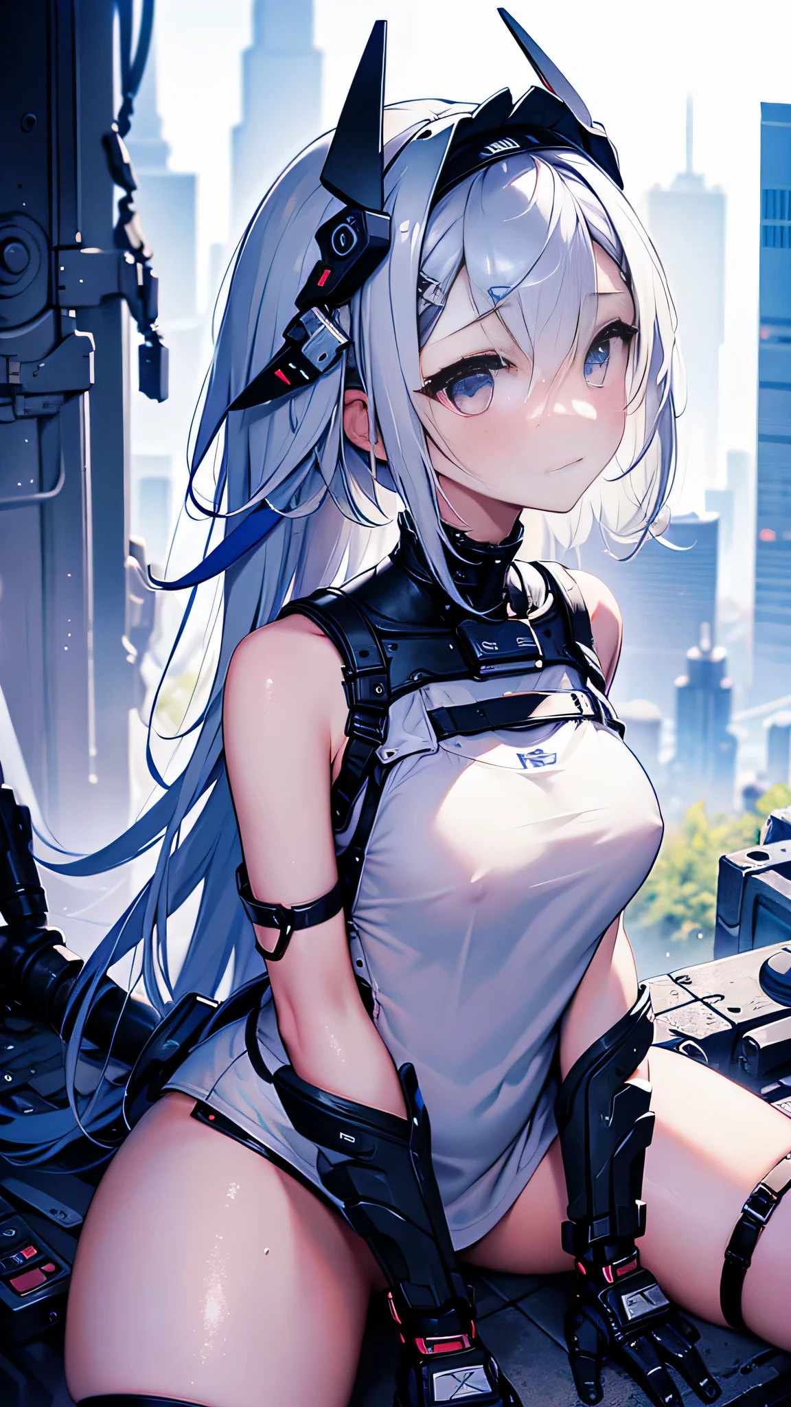 Highest image quality、delicate depiction、beautiful 、((silver hair、short bob、Torn white t-shirt、1 girl、150 cm、small breasts))、(3 men、male organ、Group sexual intercourse、rape、sexual intercourse、blowjob)、Ruined City