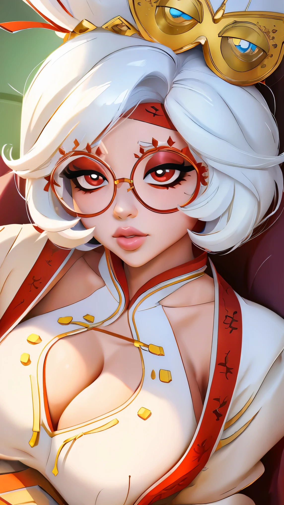 ((masterpiece)), ((best quality)), (detailed), perfect, solo, purah, gorgeous woman with cleavage, luscious lips, white hair, sexy, lying down,