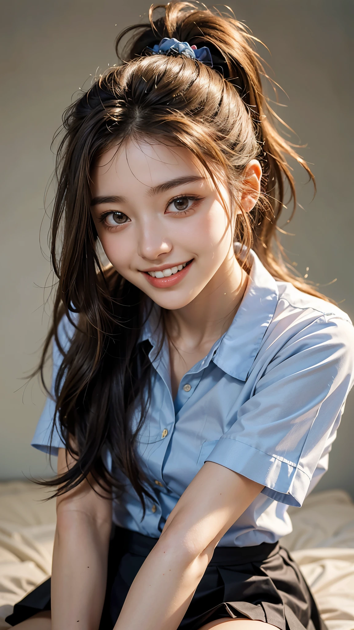 highest quality, masterpiece, ultra high resolution, (realistic:1.4), (front portrait) Raw photo, 1 girl, 20-year-old,((Flared miniskirt uniform)),((ponytail and hair tie)),realistic,((Simple solid color background)), Pi,((toothy smile)),