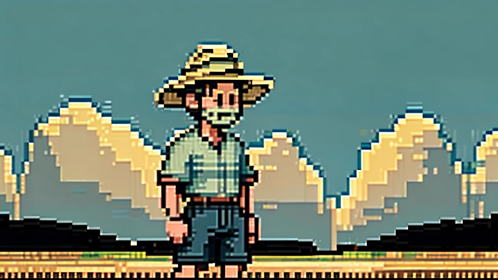 A farmer uncle wearing a straw hat stands in a wheat field, Dayun, blue sky, paddy, Neat rice seedlings in the field, forest, hillside, secluded, rural area, HD details, Ultra-detailed, cinematic, Surrealism, soft light, Deep field focus bokeh, ray tracing and Surrealism. --v6