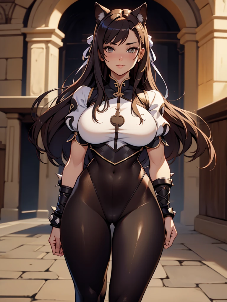 beautiful young female warrior fighter with cat ears on her head, com rosto bem detalhado e bonito, belos olhos, belos olhos, rosto lindo, beautiful young woman wearing long brown leggings with black details, sueter apertado branco, standing in a castle, usando bota preta, cabelo comprido com franja preto, ,orelhas de gato, belo sorriso, tomboy, um pouco musculosa,suter branco com cinta em volta, olhar serio,usando jaqueta de couro apertado preto, com ombreiras de prata nos ombros