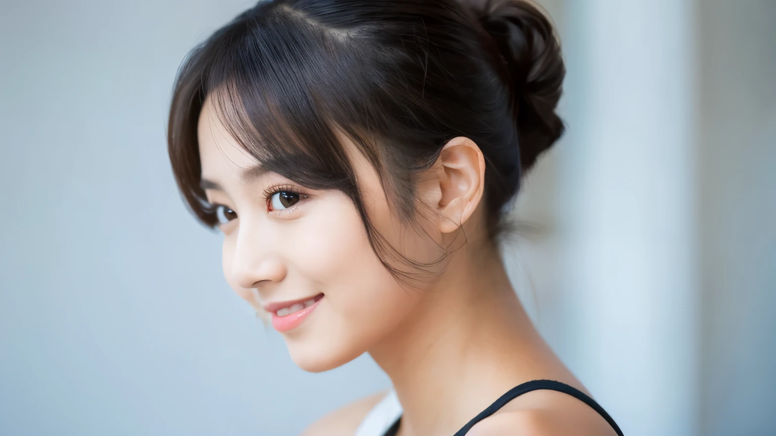Young Japanese woman, 30s, white background, simple background, ponytail, slender, 4K, 8K medium, high resolution, beautiful woman, beautiful eyes, simple, high resolution, alone, beautiful skin, beautiful skin, smile, relaxing, smartphone operation