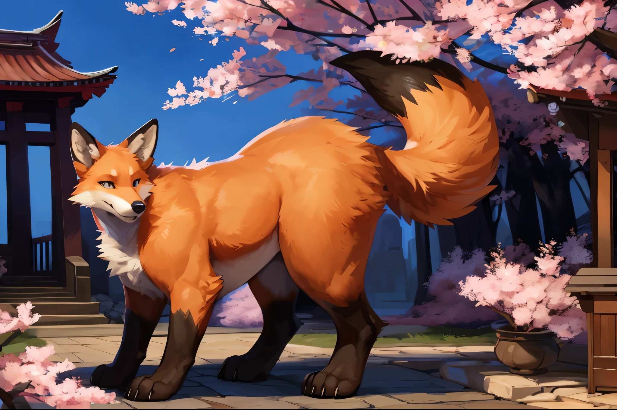 4k ultra quality, 4k full body view,(ultra high detailed body), fox, detailed body,by mystikfox61, by glitter trap boy,feral paws, by bebebebebe,by morethreedee, by seibear,(thick thigh),(chubby thigh),thicc thigh,thick legs,chubby legs,thicc legs,massive butt,enomorous thigh,massive thigh,massive legs,thick lower legs,wide legs,(detailed thigh),(wide thigh),fluffy belly sharp nails,((sfw)),(ultra detailed face),detailed eyes,big tail,fluffy tail,(detailed tail),enomorous tail,bigger tail,huge tail,volumetric light,muscle legs,big paws,(thick paws),fluffy paws,furry paws,enomorous paws,(animal focus), beast,standing,(bigger lower body),strong lower body,(long legs),front view,master works, super fine, 4k resolution, high quality,high picture detail,dark fantasy,illusory engine, Masterpiece,dire fox,feral belly,muscular feral,faint lighting,sakura,shrine