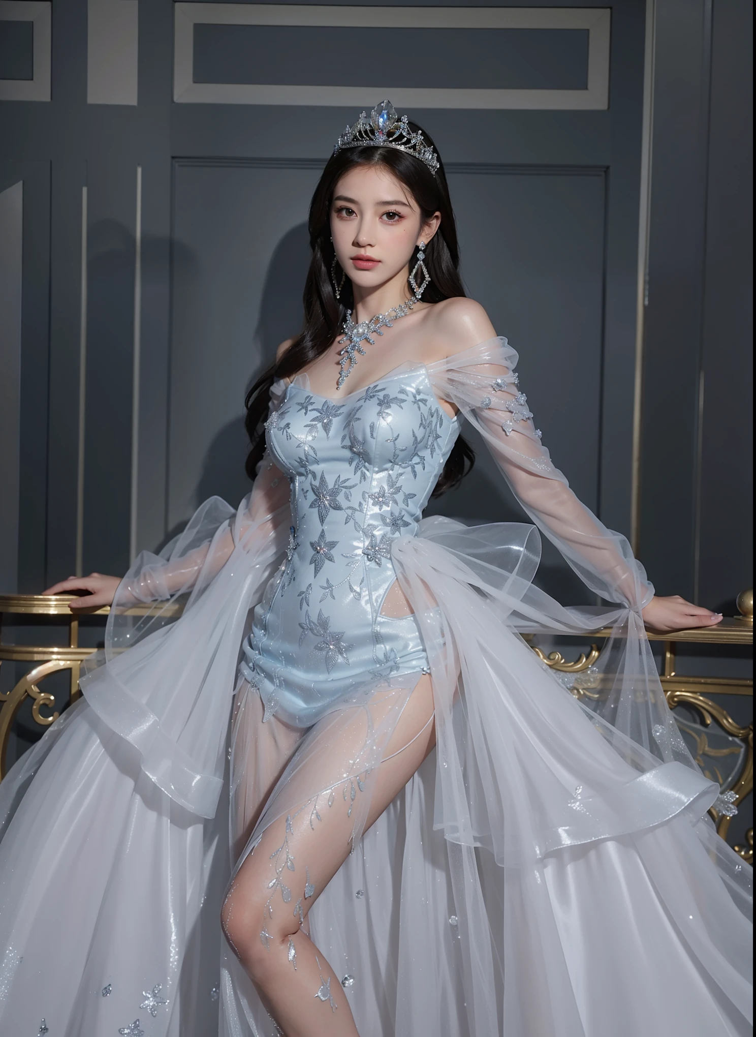 Royal Sister,exquisite eyes,detailed facial expression body,tall figure,Leg length,4K,HD,translucent lace,fair and plump figure,pretty face,Small cherry blossom mouth,beautiful and delicious(3D Royal Sister),exquisite dress,Wear crystal jewelry,colorful crystal gems,Gems and Gems Crown,The color of the photo is very bright.,gorgeous ice and snow princess,