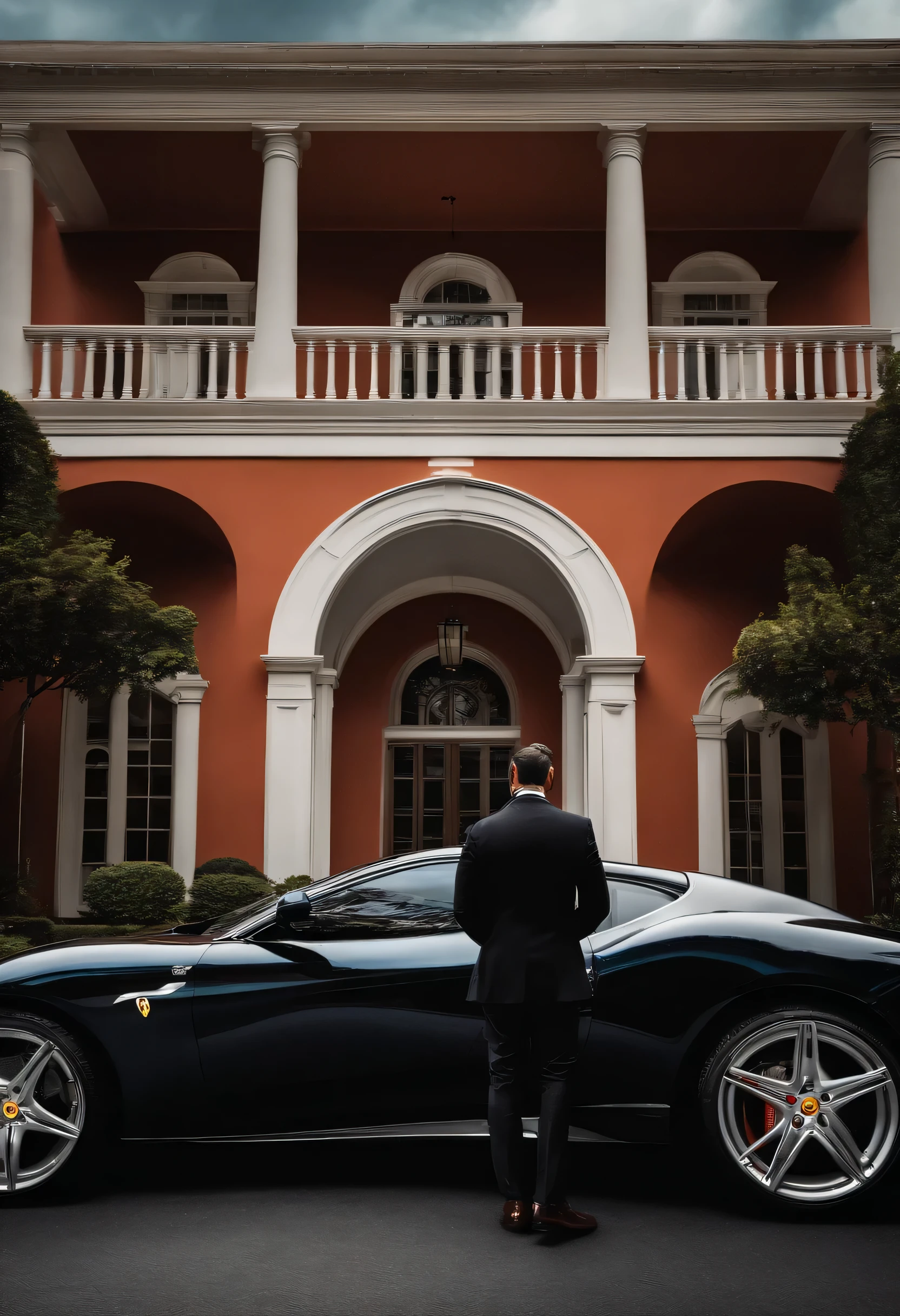 A buyers agent getting out of his Ferrari about to walk into a mega mansion that is shown in the backdrop of the image
