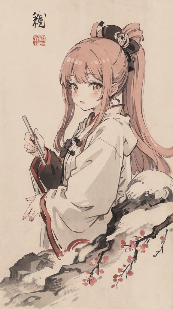 (masterpiece, highest quality: 1.2), traditional chinese ink painting, Cherry Blossom, it's snowing, red wall,portrait,たくさんのCherry Blossom
