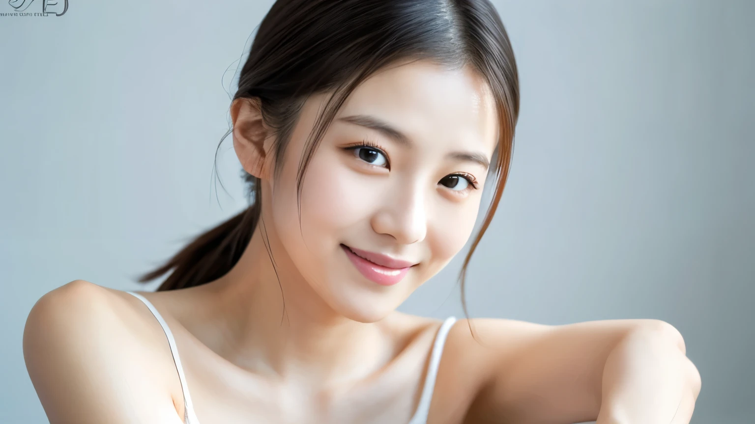 Young Japanese woman, 30s, white background, simple background, ponytail, slender, 4K, 8K medium, high resolution, beautiful woman, beautiful eyes, simple, high resolution, alone, beautiful skin, beautiful skin, smile, relaxing, smartphone operation