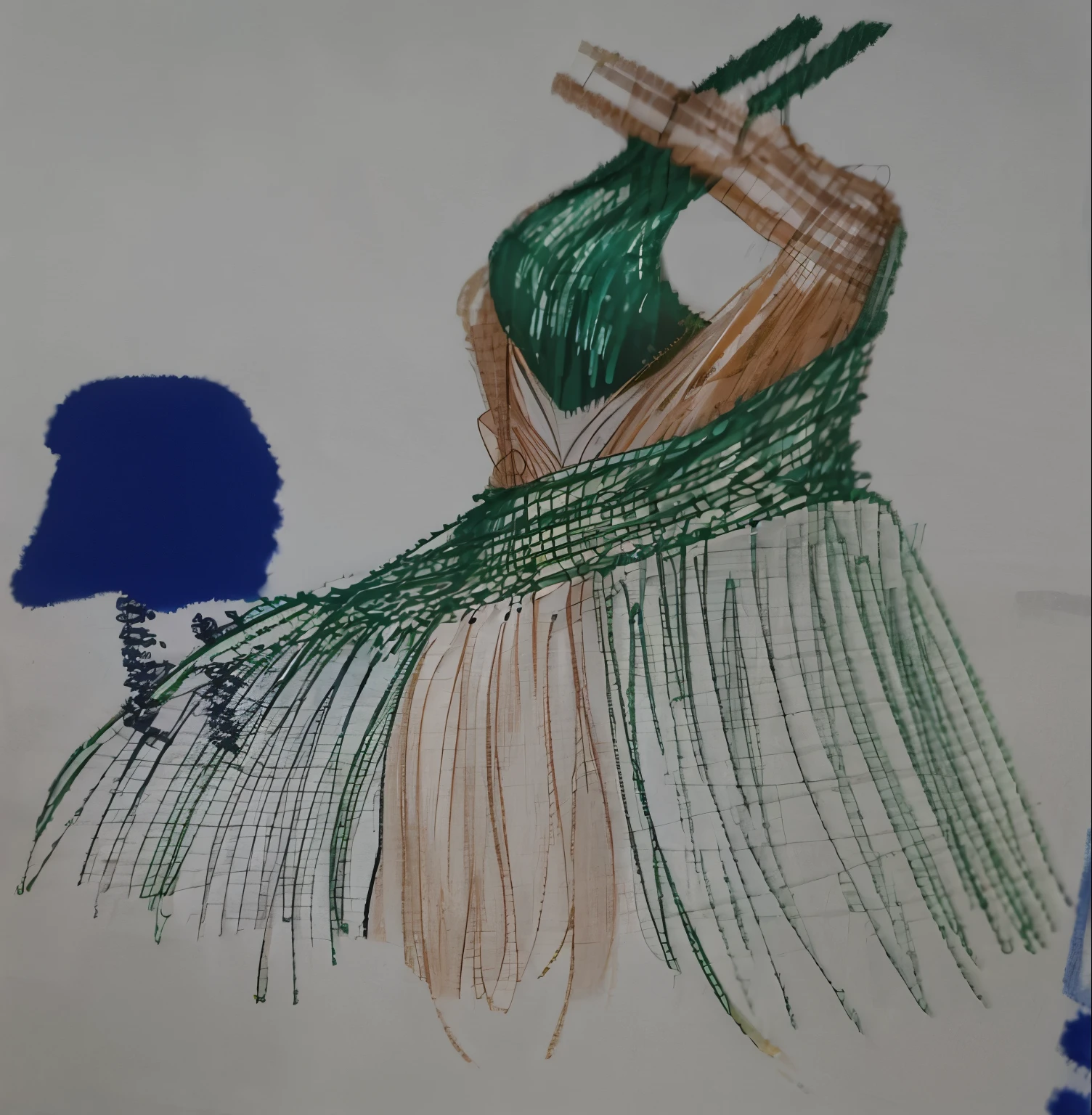 desenho de um vestido verde feminino com busto em criss cross, decote, sleeve on left arm, saia longa