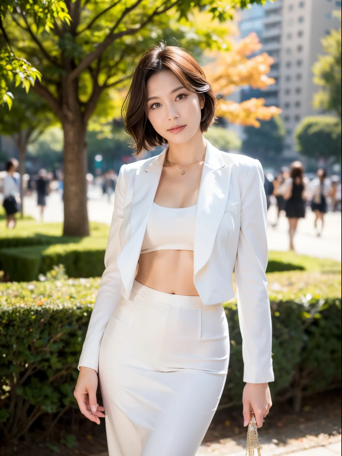 (Raw photo:1.2), (realistic:1.4),beautiful detailed woman,非常にfine eyesと顔, fine eyes, Super detailed,High resolution, very detailed,highest quality,enlightenment,unified,8k wallpaper,masterpiece,highest quality,1 female,alone,rich,Full body Esbian,(Standard body shape),Meaty legs,alone,(White suit:1.2),(pencil skirt:1.2),(high heels),jewelry, necklace ,short hair,gentle smile,dignified atmosphere,black eye,realistic,Hibiya Park , (morning park:1.1),(stand upright:1.4)